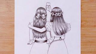 Easy Drawing - Two friends are taking a selfie || Best friends || BFF || besties -Pencil sketch