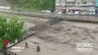 Bridge breaks under rushing flood waters in Turkey