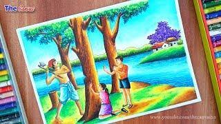 How to draw scenery of save trees for save nature step by step || Stop cutting trees