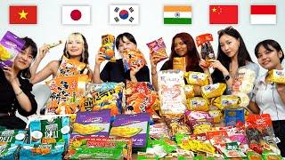 6 Asian Tries Each Country's Snacks!Which country is BEST /Korea,India,China,Indonesia,Japan,Vietnam