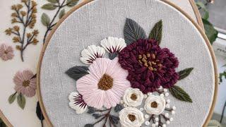 Pink and Burgundy peonies. Hand embroidery for beginners