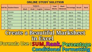 How to Create Beautiful Marksheet in Excel | formula | Conditional formatting, Rank, Percentage, SUM