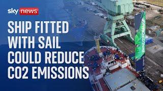 Commercial ship with a fitted sail is trialled in the UK to reduce carbon emissions