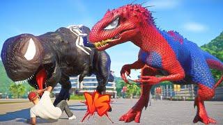 Spiderman Indominus REX vs Venom, Red Hulk Tyrannosaurus Dino Fight Jurassic World Evolution