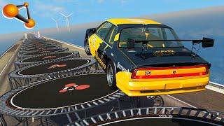 BeamNG.drive - Cars Jump From Heights Onto Giant Trampolines