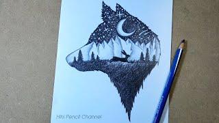 Drawing Scenery of Moonlight Wolf step by step - Pencil Drawing