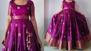 Convert Border Saree into Long Gown with Belt | Long frock/dress cutting & stitching easily