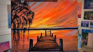 HOW TO PAINT A SUNSET FROM THE DOCK | STEP BY STEP PAINTING TUTORIAL FOR BEGINNERS