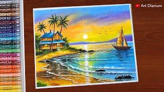 Beach Sunset Scenery Drawing Step by Step - for Beginners