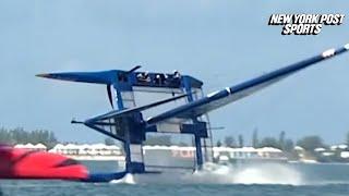 US sailing team members jump overboard after boat capsizes during practice session