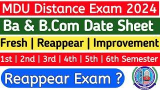 Mdu Ba Distance Date Sheet 2024 | Mdu Bcom Distance Date Sheet | Mdu ba Distance Reappear datesheet