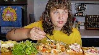 Мукбанг Спагетти с мясом, бутики с беконом и авокадо 