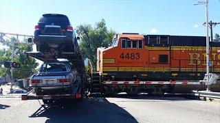 IDIOT TRUCKS, CARS  VS TRAINS |  TRUCK STUCK ON TRAIN TRACKS , TRAIN CRASHING &  DERAILMENT