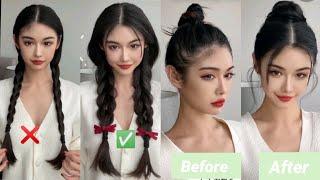 Before & After Double Braid+Top Bun Hairstyle Tutorials*Europe+Korean Style for Girls