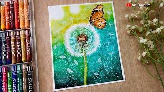 How to Draw a Butterfly on a Dandelion with Oil Pastels | Step-by-Step Tutorial