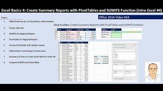 Excel Basics 4: PivotTables & SUMIFS Function to Create Summary Reports (Intro Excel #4)