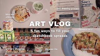 ART VLOG  5 fun ways to fill your sketchbook spreads, grocery shopping, cooking, blind box unboxing