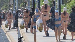 HOT GIRL hottest women outfits walk on the street near beach black string thong bikini try on haul