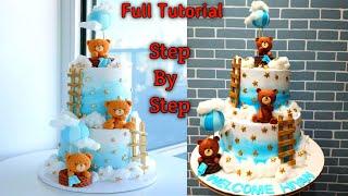 2 Tier Teddy Bear And Clouds Birthday Cake | Teddy Bear Theme Cake Decorating Ideas