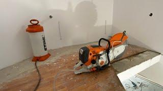 Cutting a piece of concrete slab with Stihl Ts-800 concrete saw.