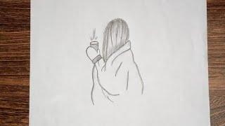 How To Draw A Girl Drinking Coffee//Easy step by step pencil sketch