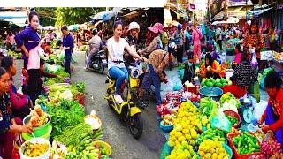 Cambodian Fresh Market Food - Walking tour explore Khmer Traditional Market People's Activities