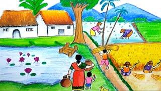 rural life scenery drawing  easy  |village lifestyle scenery drawing easy | village people drawing