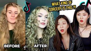 Korean girls react to TikTok CURLY HAIR Routine