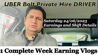 Uber UberX Bolt LONDON Private Hire Driver Weekly Earning Details: Saturday 24/06/2023 Shift Details