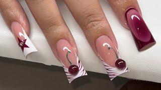 Duck Shape French Zebra Print 3D Cherries Acrylic Nails Refill