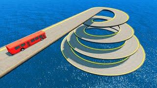 Impossible Spiral Cone Bridge Crossing Stunt Cars Vs Cliff and Deep Water - BeamNG.Drive