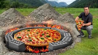 I Cooked a Huge Pizza Underground in the Wild Mountains! Homemade Sausage Pizza Recipe