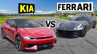 Electric Kia drag races a Supercar?! 2024 Kia EV6 GT vs 700hp Ferrari FF