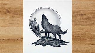 How to draw scenery of moonlight wolf easy and beautiful | Simple Drawing