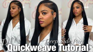 DIY EASY DEEP SIDE PART QUICKWEAVE TUTORIAL+BLENDING LEAVE OUT TIPS |  ft. ASHIMARY HAIR