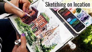 Urban sketching on location / Travel sketching in Moscow / Plein air watercolor speedpaint