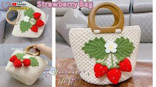 Móc Túi Dâu Tây Quai Gỗ Siêu Xịn Crochet Strawberry Bag Handmade Gift | Mimi Handmade