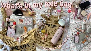 ˖˚what’s in my SUMMER school bag (prada raffia tote)🩰𓇼 end of jr. year | summer+ school essentials