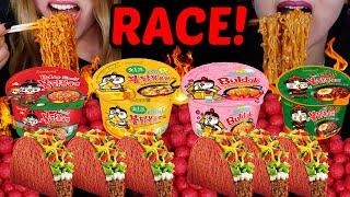 ASMR SPICY BULDAK RAMEN NOODLES & TACOS RACE! *BIG BITES* 먹방