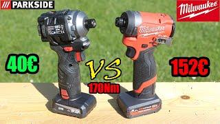 LIDL visseuse à chocs PARKSIDE PERFORMANCE 170 Nm brushless PDSSAP 12 A1 VS MILWAUKEE M12FID2