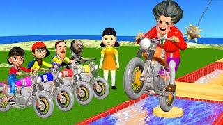 Scary Teacher 3D vs Squid Game Motorcycle Driving Obstacle, HoneyComb Candy Shapes 5 Times Challenge