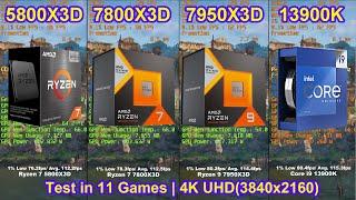 5800X3D vs 7800X3D vs 7950X3D vs 13900K + RTX 4090  - Test in 11 Games | 4K UHD(3840x2160)