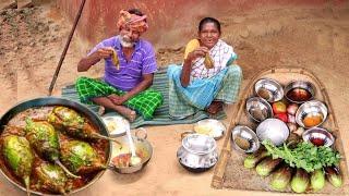 BRINJAL CURRY cooking and eating with hot rice by our santali tribe grandma||rural India