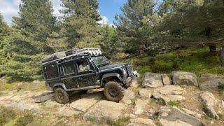 Land Rover Defender 110 overlanding off road trek day out, rock crawl with family, Dunkeld, Scotland