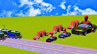 Big & Small Red Long Lightning McQueen vs Big & Small Spiderman BMW vs Trains Thomas BeamNG.Drive