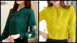 Women Office Wear Casual Ruffle Neck Stand Collar Blouse Designs 2020 To Wear In Evening Occasions