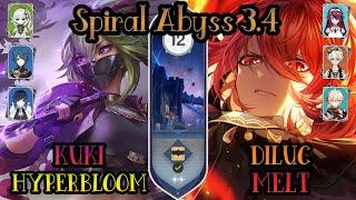 Kuki Hyperbloom & Diluc Melt - Spiral Abyss 3.4 - Floor 12 - 9 Stars - Genshin Impact