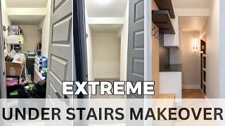 Extreme DIY Under Stairs Makeover REVEAL including Shaker Cabinet Door and Shoe Rack Build