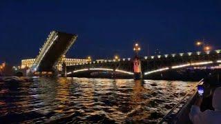 Raising Drawbridges Night Boat Tour on Neva River.  St Petersburg, Russia.