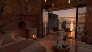 Sunset Beach Villa Ambience | Wave, Crackling Fire Sounds For Sleeping